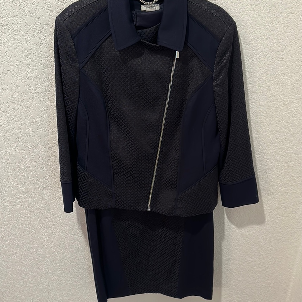 Cache navy sheath dress and jacket with asymmetrical zipper. Size 12. 2 pieces
